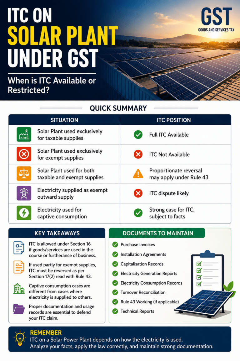 Input Tax Credit on Solar Power Plant under GST – Eligibility and Key Consideration